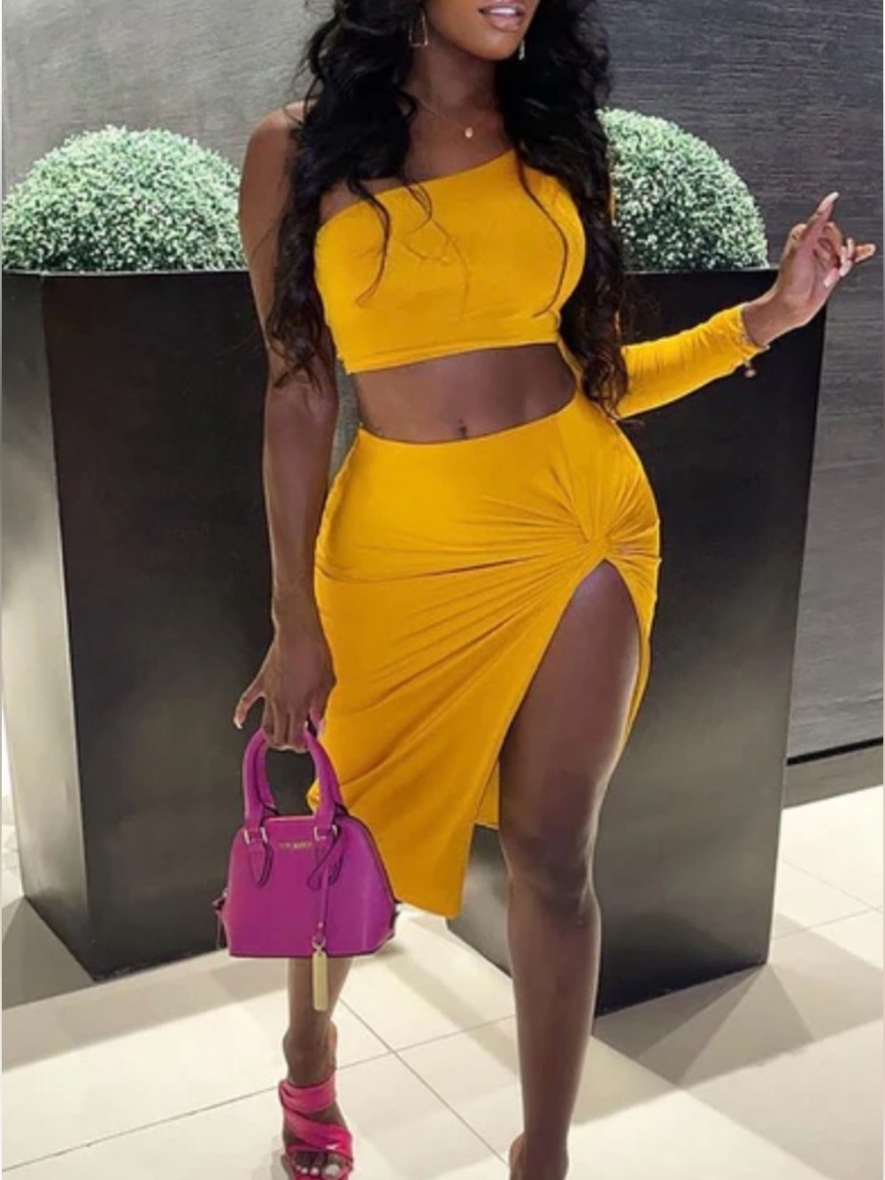 Yellow One-Shoulder Knot Front Midi Skirt - Women 2 Piece Set M